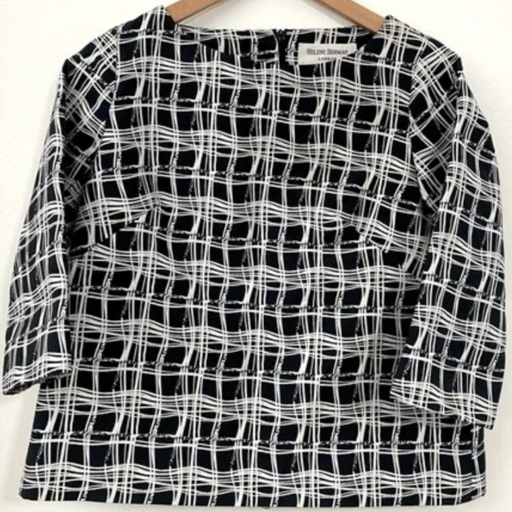 Helene Berman London Black White Pattern Boatneck 3/4 Sleeve Top